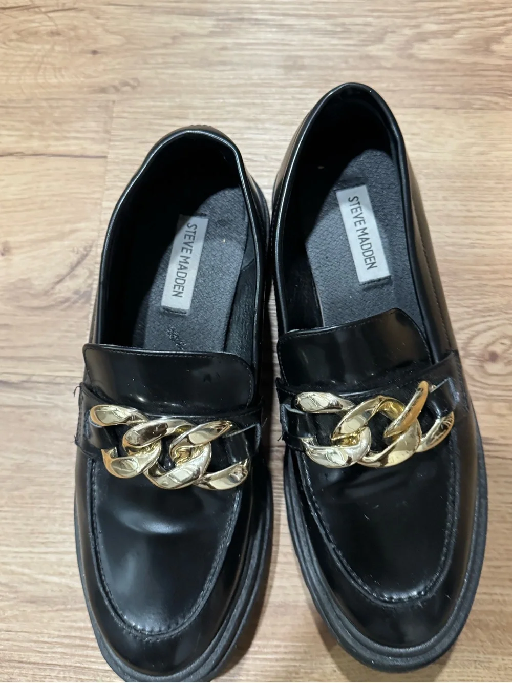 Steve Madden Black Leather Loafers with Gold Chain Accent